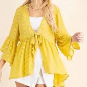 Kori America Mustard Yellow Swiss Dot Sheer Tie Front Kimono Top Blouse Size XL